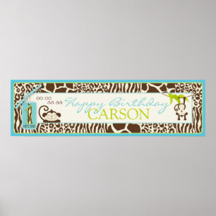 Jungle Monkey Safari First Birthday Banner Blue Poster