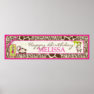 Jungle Monkey Safari First Birthday Banner Pink Poster