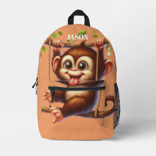 Jungle Monkey Swinging Tree Monogram Kids Orange Printed Backpack