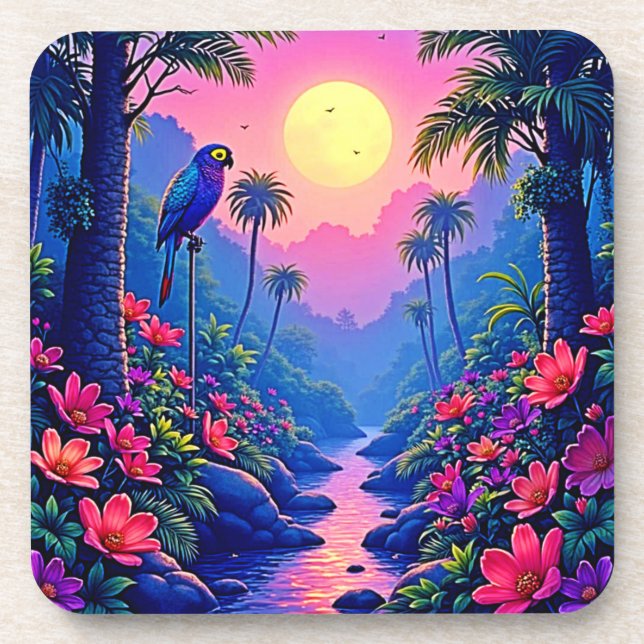 Jungle Moon Blue Parrot Paradise Coaster (Front)
