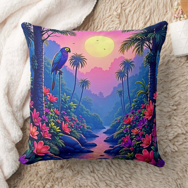 Jungle Moon Blue Parrot Paradise Cushion (Blanket)