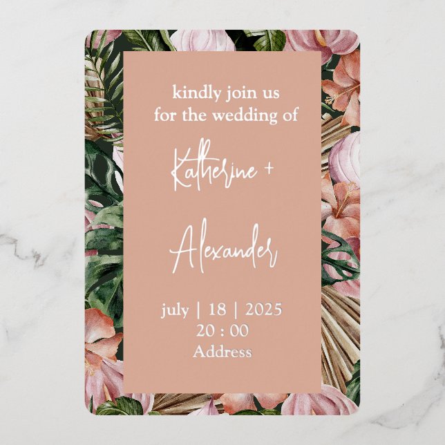 Jungle palm leaves rainforest flowers pink green (Front)