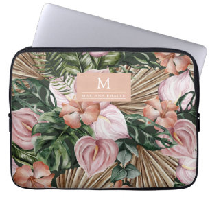 Jungle palm leaves rainforest flowers pink green laptop sleeve