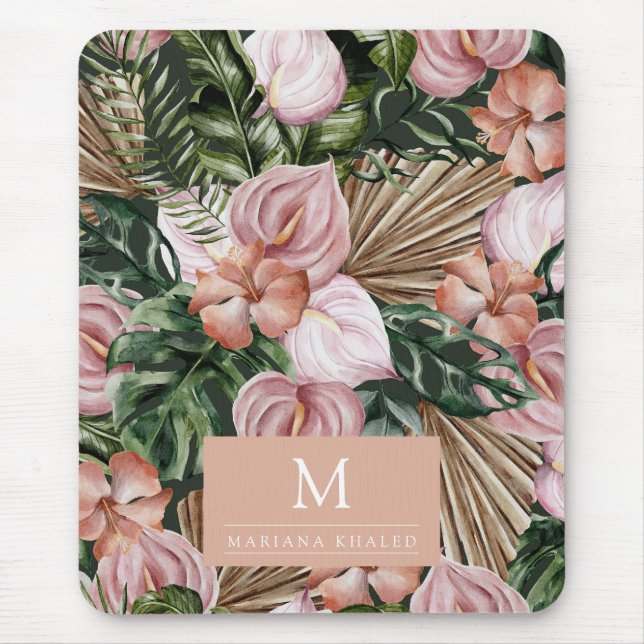 Jungle palm leaves rainforest flowers pink green mouse pad (Front)