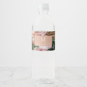 Jungle palm leaves rainforest flowers pink green water bottle label