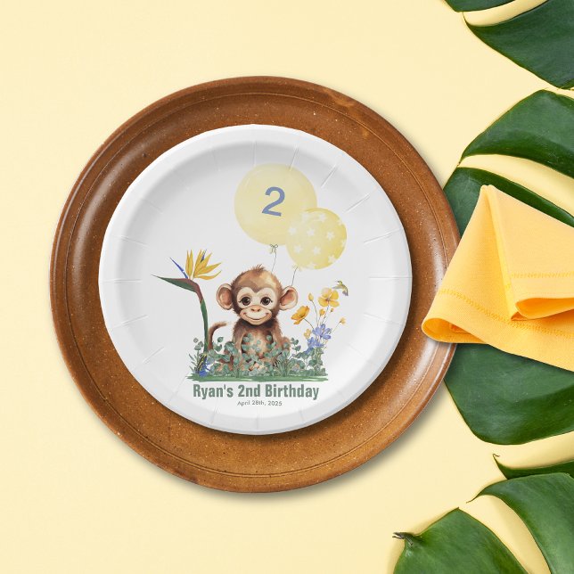 Jungle Party Animal Paper Plates (Safari Jungle Balloon Monkey Greenery Yellow Blue FLowers  Watercolor 2nd Birthday Paper Plate)