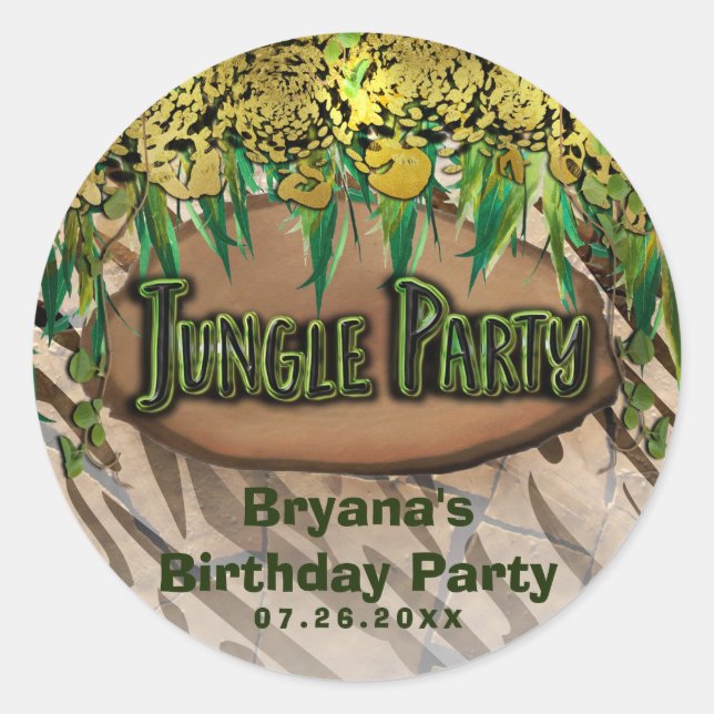 JUNGLE PARTY Gold Glam Animal Print Custom Favour Classic Round Sticker (Front)