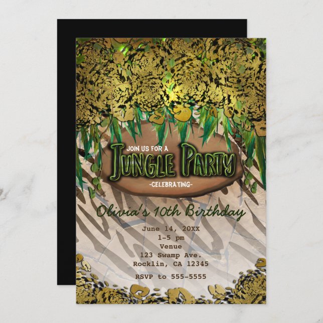 JUNGLE PARTY Gold Glam Animal Print Invitations (Front/Back)