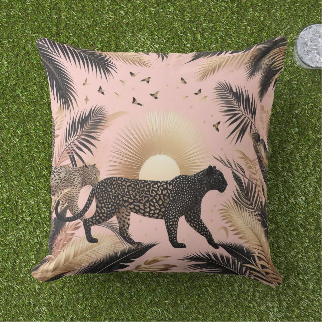 Jungle Pink and Black Leopard  Cushion (Grass)