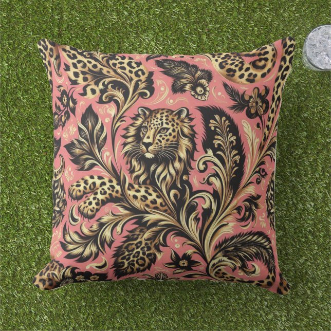 Jungle Pink and Black Leopard  Cushion (Grass)