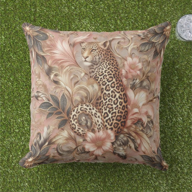 Jungle Pink and Brown Leopard  Cushion (Grass)