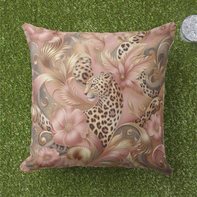 Jungle Pink and Brown Leopard  Cushion (Grass)