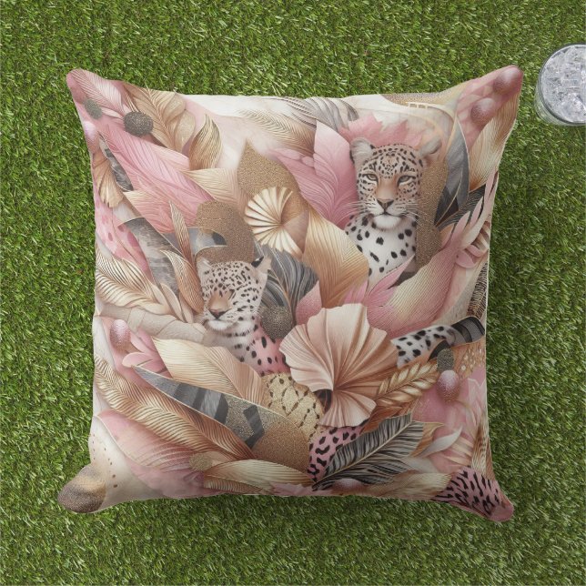Jungle Pink and Brown Leopard  Cushion (Grass)