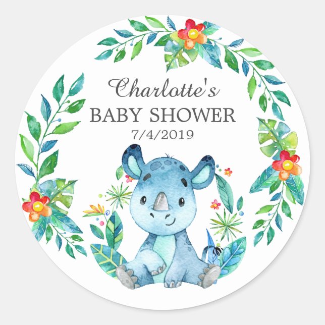 Jungle Rhino Baby Shower Thank You Favour Sticker (Front)