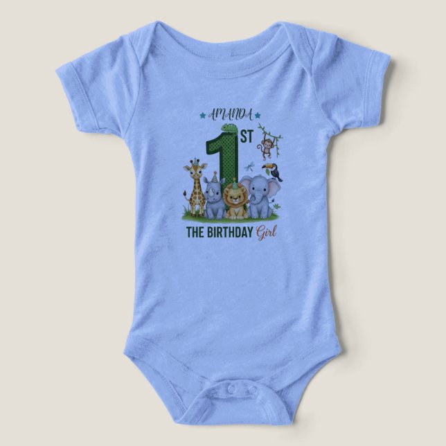 Jungle Safari 1st Birthday Girl Baby Bodysuit (Design Front)