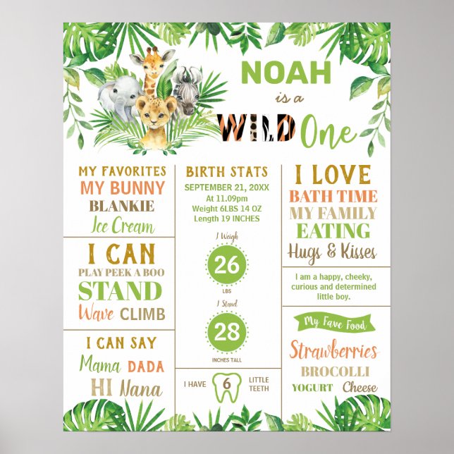 Jungle Safari 1st Birthday Milestone Birth Stats  Poster (Front)
