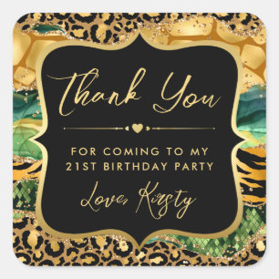 Jungle Safari Agate Gold & Leopard Print Birthday Square Sticker