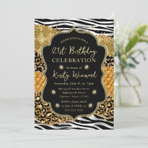 Jungle Safari Agate Gold & Zebra Stripes Birthday Invitation
