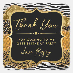 Jungle Safari Agate Gold & Zebra Stripes Birthday Square Sticker