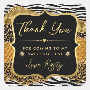 Jungle Safari Agate Gold & Zebra Stripes Sweet 16 Square Sticker