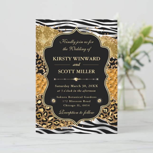 Jungle Safari Agate Gold & Zebra Stripes Wedding Invitation (Standing Front)