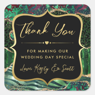 Jungle Safari Agate Green and Gold Wedding Square Sticker