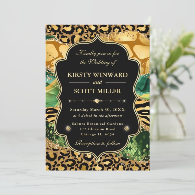 Jungle Safari Agate Leopard & Gold Accent Wedding Invitation (Standing Front)