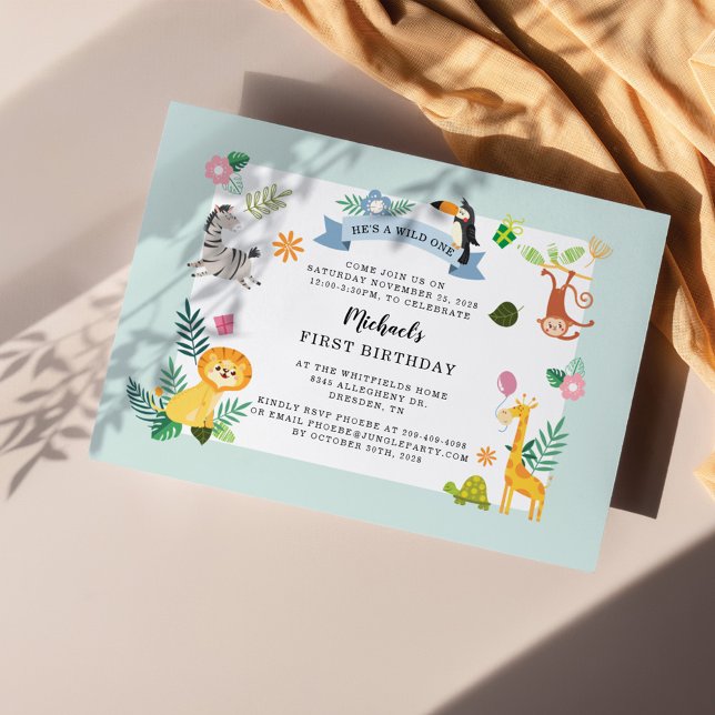 Jungle Safari Animal 1st Birthday Wild One Card (First Birthday Party Jungle Theme Invitation Front View)