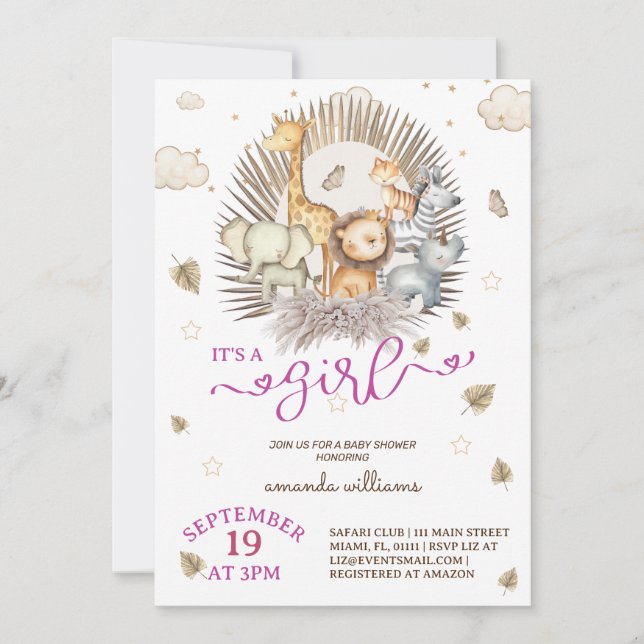 Jungle Safari Animal Baby Girl Shower  Invitation (Front)