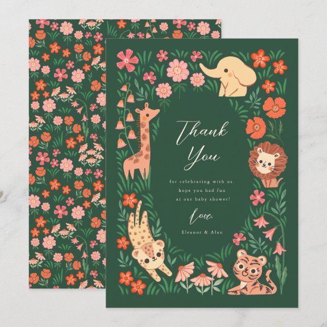 Jungle Safari Animal Baby Shower Thank You Card (Front/Back)