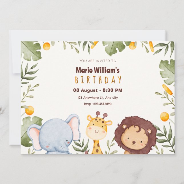 Jungle safari animal birthday invitation (Front)
