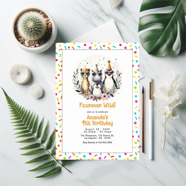 Jungle Safari Animal "Fourever Wild" 4th Birthday Invitation (Jungle Safari Animal "Fourever Wild" 4th Birthday Invitation)