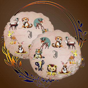 Jungle Safari Animal Kingdom Woodland Monogram Kid Round Cushion