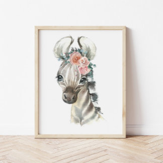 Jungle Safari Animal Nursery Art, Watercolor Zebra Poster