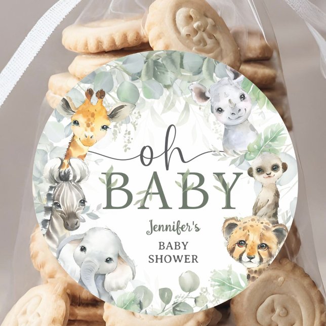 Jungle Safari Animals Baby Shower Oh Baby Classic Round Sticker (Creator Uploaded)