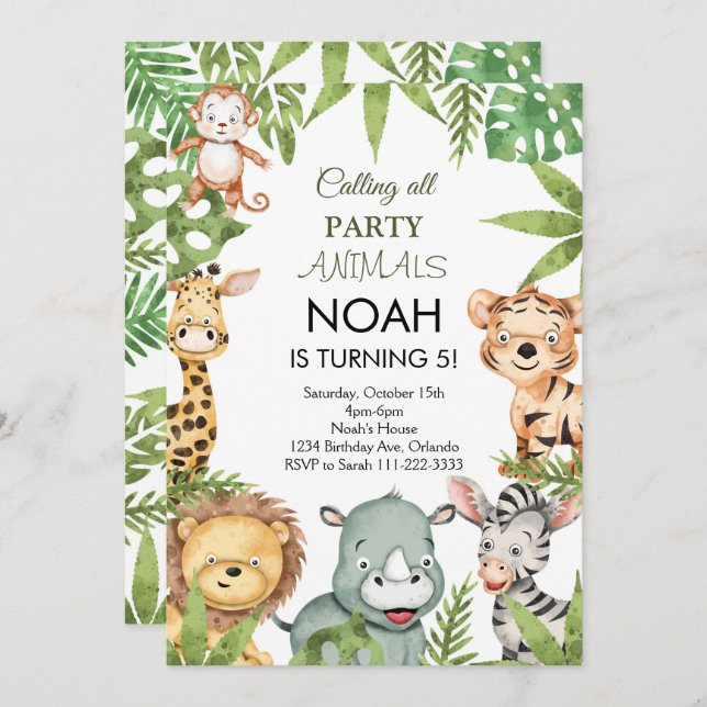 Jungle Safari Animals Birthday Party Invitation (Front/Back)