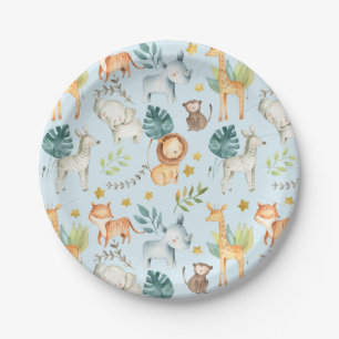 Jungle safari animals blue toddler birthday party paper plate