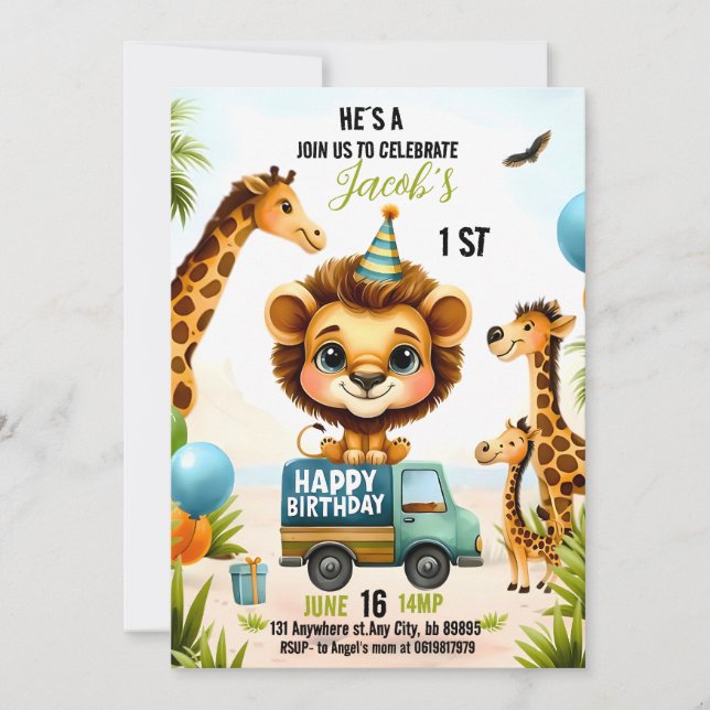 Jungle Safari Animals Boy 1st Birthday  Invitation (Front)