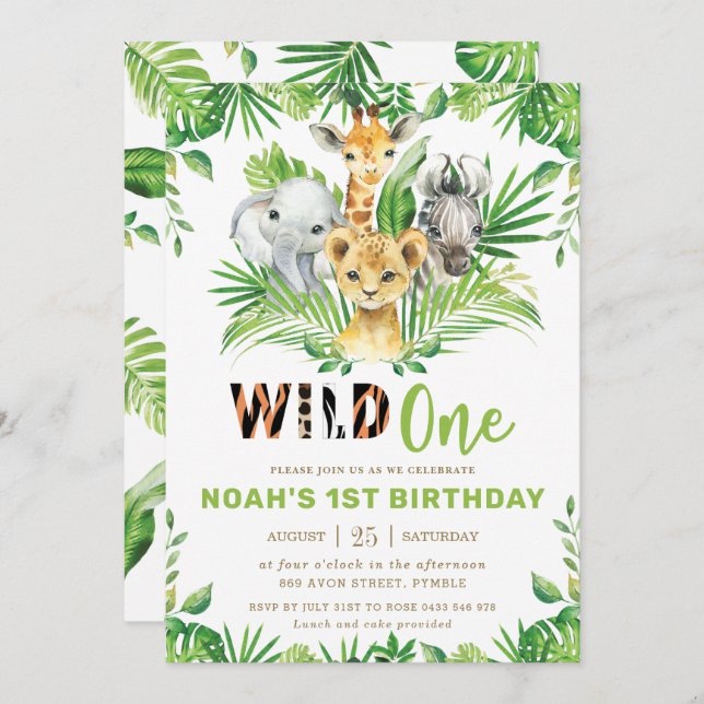 Jungle Safari Animals Greenery Boy 1st Birthday Invitation (Front/Back)