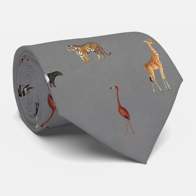Jungle Safari Animals Pattern Dark Grey Neck Tie (Rolled)