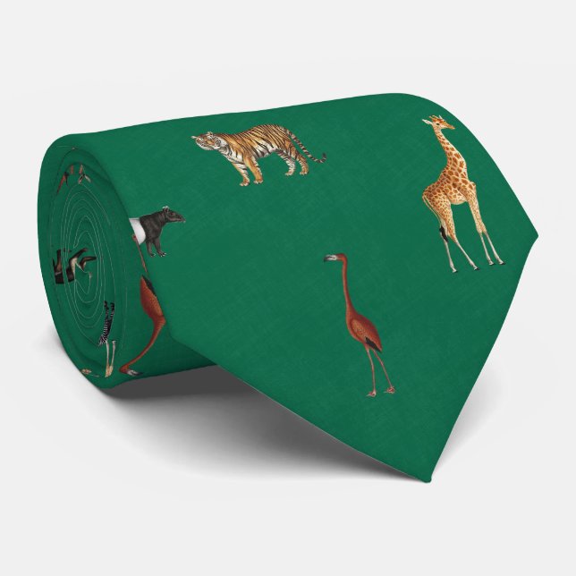 Jungle Safari Animals Pattern Kelly Green Neck Tie (Rolled)