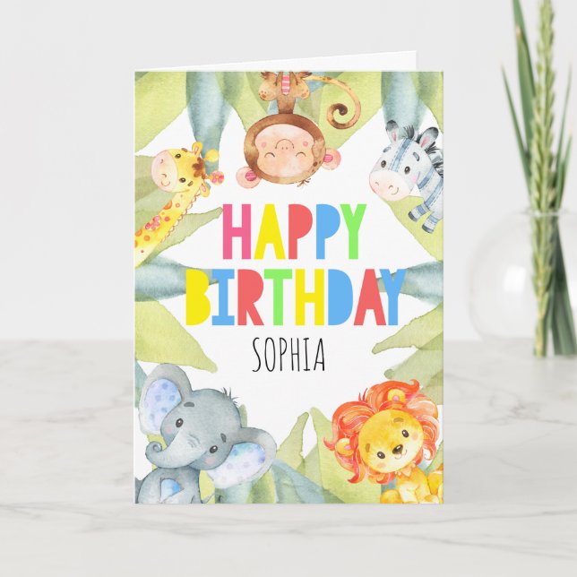 Jungle Safari Animals Personalised Birthday Girls Card (Front)
