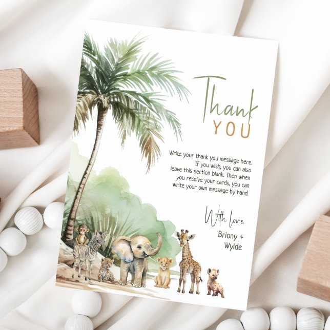 Jungle Safari Animals Vertical Baby Shower Flat Thank You Card (Creator Uploaded)