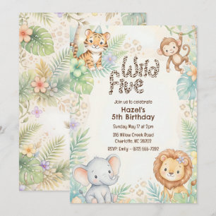 Jungle Safari Animals Wild Five 5th Birthday  Invitation