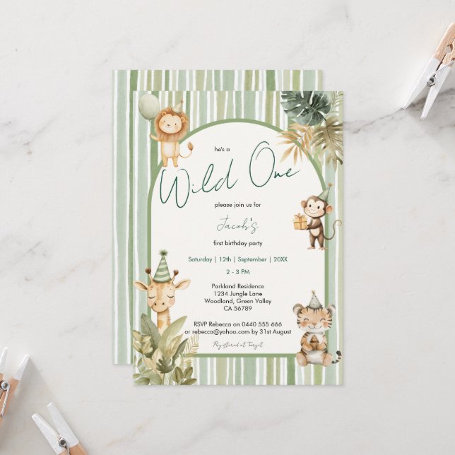 Jungle Safari Animals Wild One First Birthday Invitation (Front/Back In Situ)