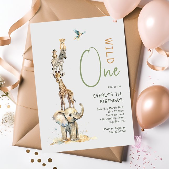 Jungle Safari Animals "Wild One" Kids Birthday Invitation (Creator Uploaded)
