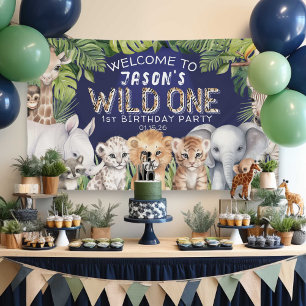 Jungle Safari Animals, Wild one Navy blue Welcome Banner