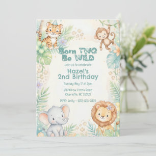 Jungle Safari Animals Wild One Second Birthday  Invitation