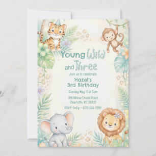 Jungle Safari Animals Young Wild & Three Birthday  Invitation