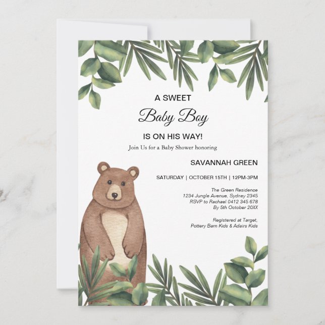 Jungle Safari Bear Boy Baby Shower Invitation (Front)